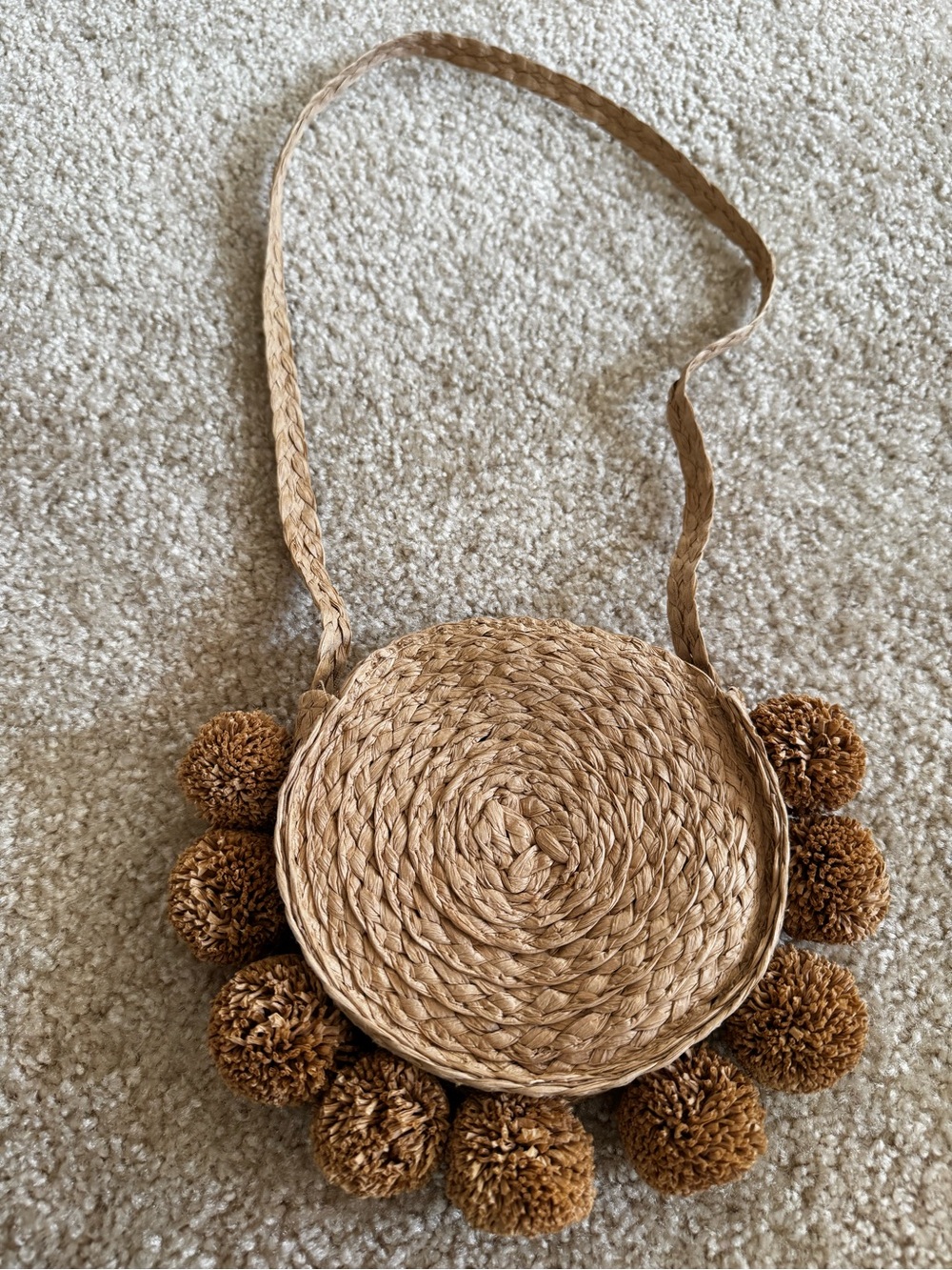 Handwoven Round Pom-Pom Crossbody Bag - Brown